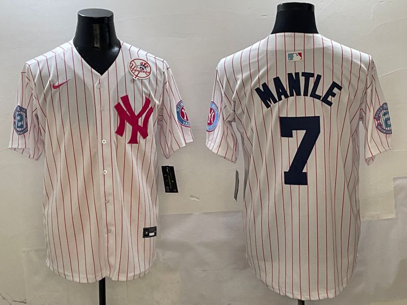 Men New York Yankees #7 Mantle White Stripe Jointly Name Nike 2025 MLB Jersey style 5